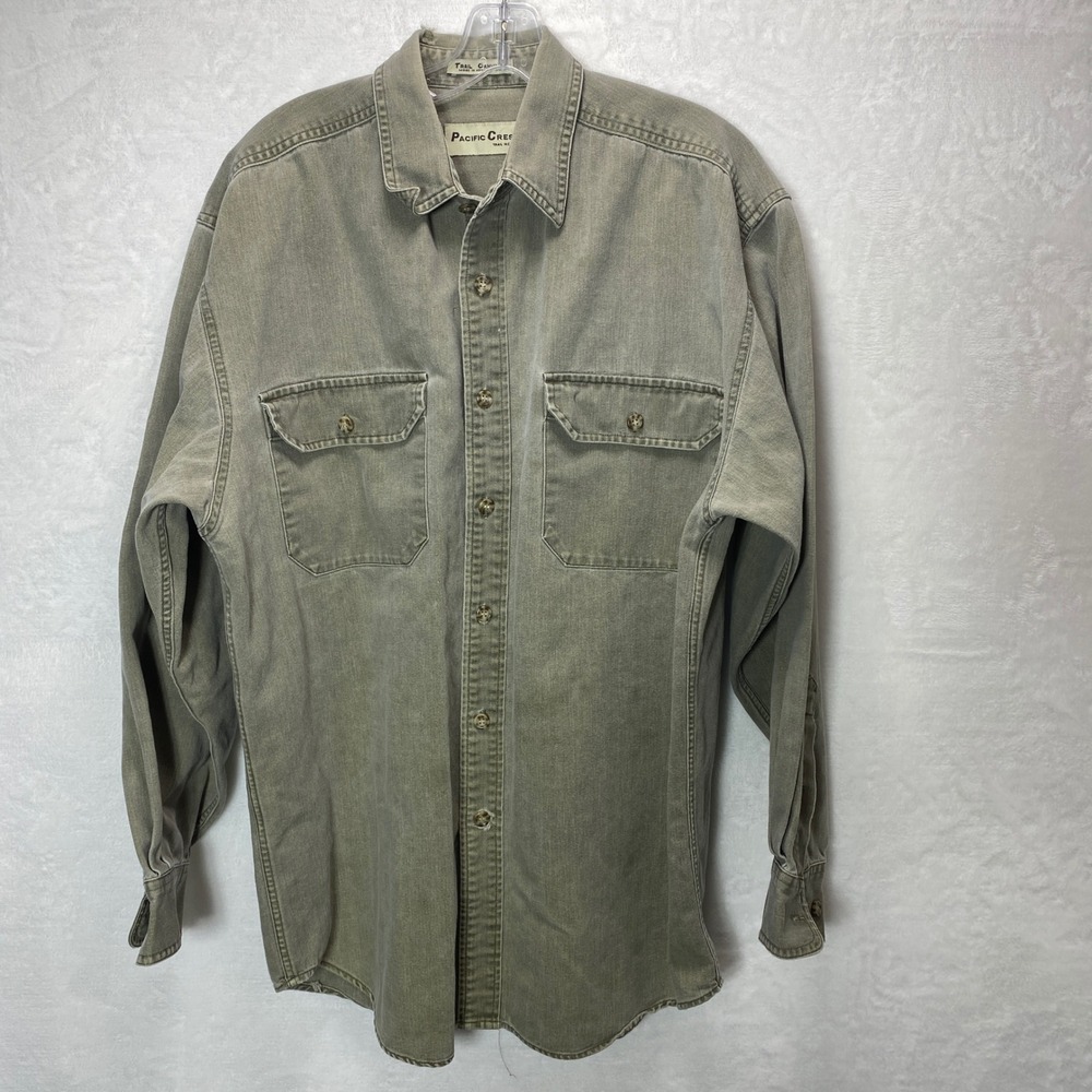 Pacific Crest Mens Thick Distressed L Khaki Shirt Long Sleeve Button Up Workwear